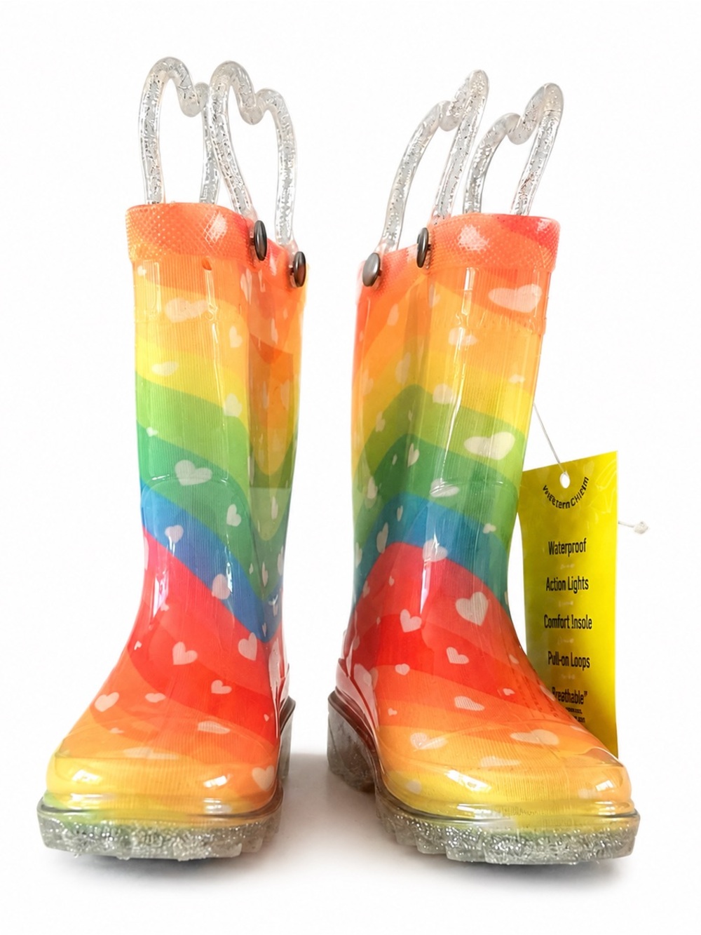 New NWT Western Chief Kids Rainbow Heart Light-Up Rain Boots NWT size 6